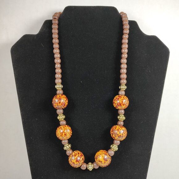 Boho Leopard Print Beaded Necklace Gold Tone Faux Wood Tribal Statement 19" - Picture 4 of 10